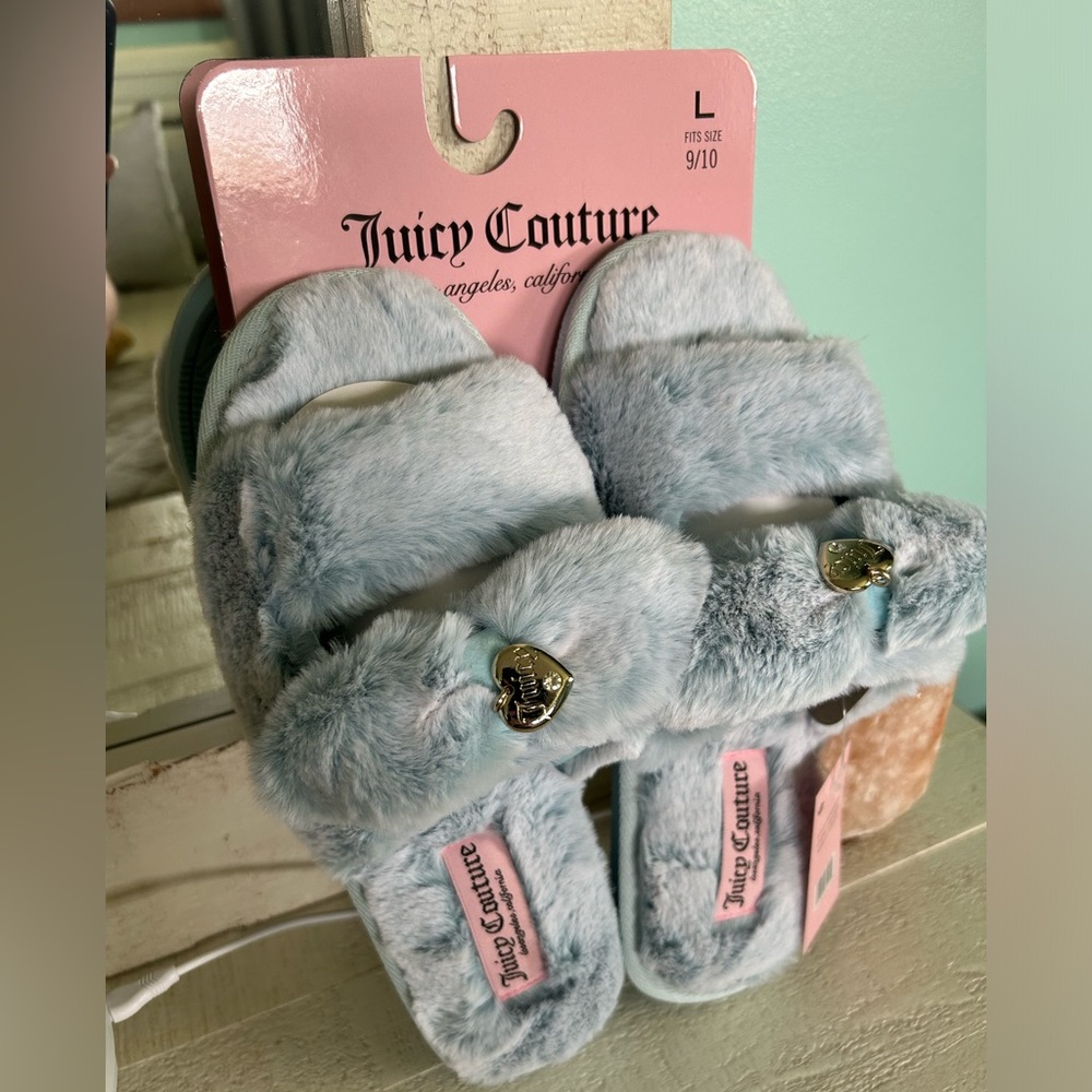 Juicy Couture Blue Furry Slippers